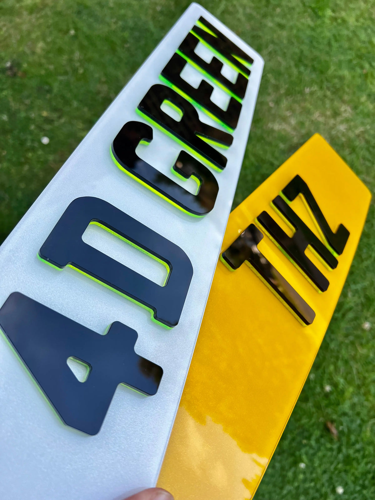 4D Neon Green Plates (6mm) with Gloss Black Lettering Set - Show Plates THZ CUSTOM WORKSHOP