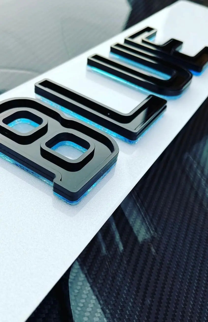 4D Neon Blue Ghost Plates (9mm) with Gloss Black Lettering Set - Show Plates THZ CUSTOM WORKSHOP