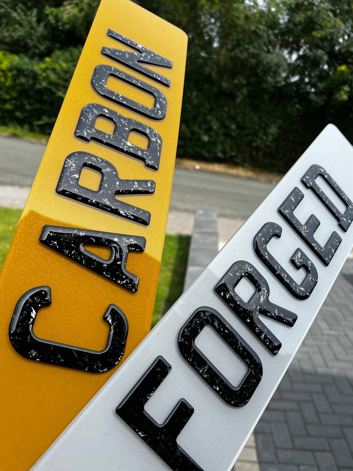 3D Forged Carbon Gel Number Plates with Forged Carbon Style Gel Lettering - Show Plates