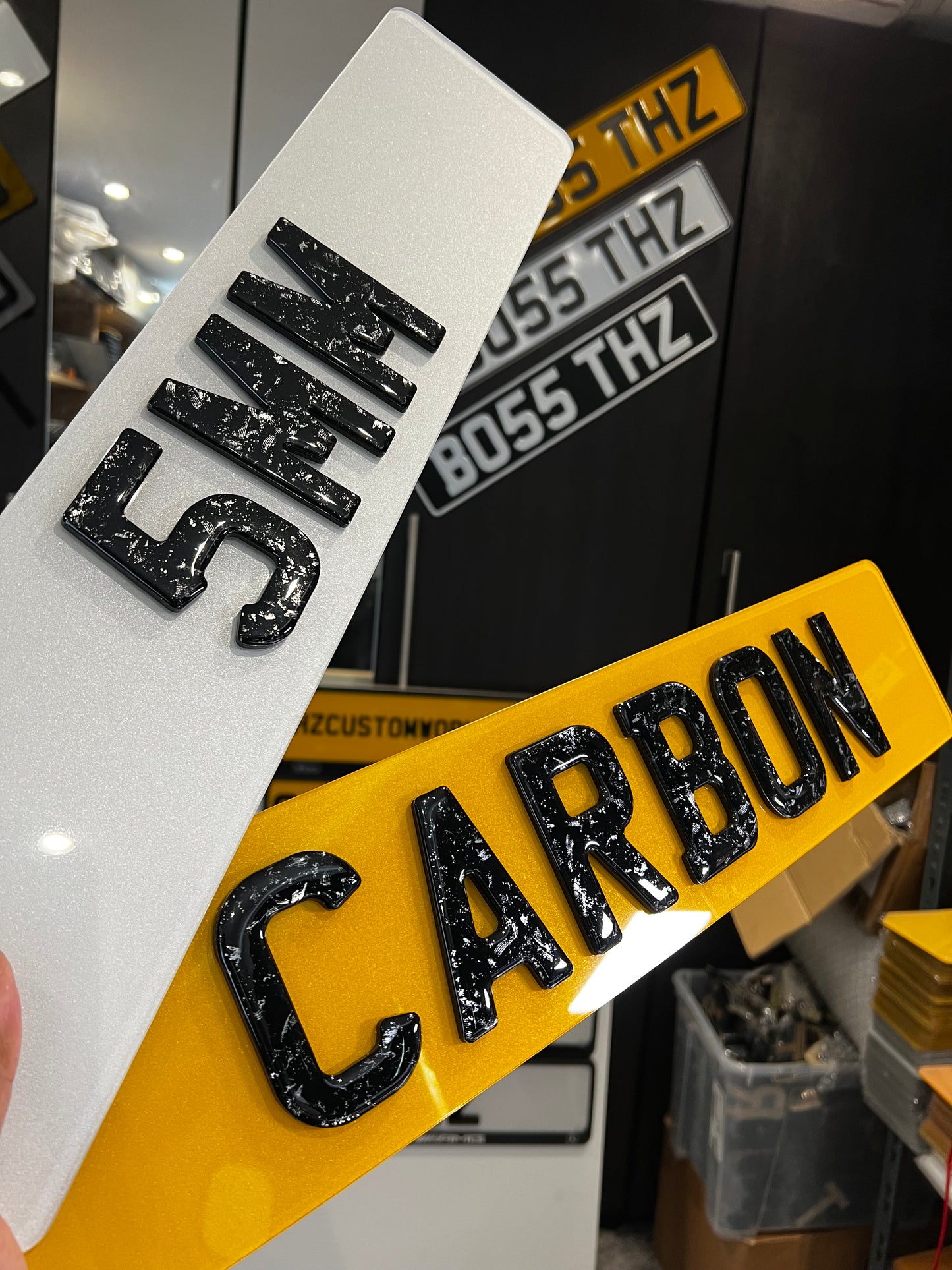 4D Forged Carbon Gel Number Plates (5mm) with Forged Carbon Style Gel Lettering - Show Plates