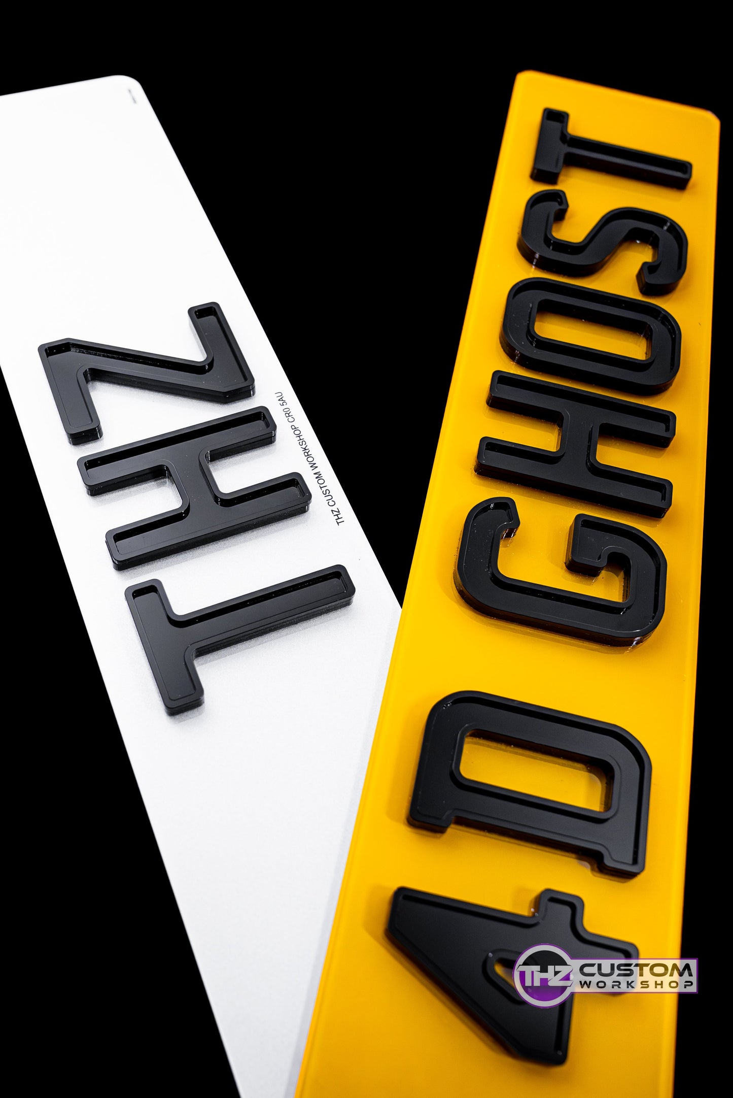 4D Ghost Number Plates (8mm) with Gloss Black Lettering Set